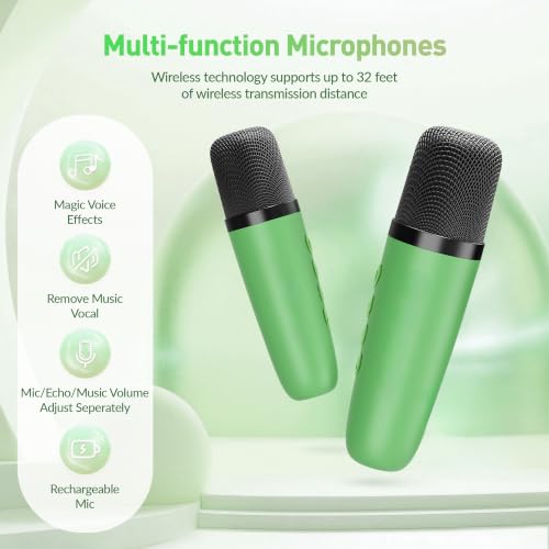 Mini Karaoke Machine：Portable Bluetooth Karaoke Microphone, Singing Speaker with 2 Wireless Mic and Light Kids Adults, Christmas Birthday Gifts for Girls Boys Family Home Party(Green) - color: Green