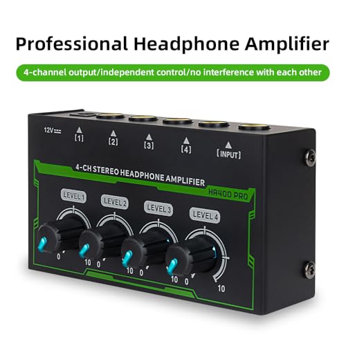 Headphone Amplifier 4 Channel Stereo Headphone Amp Mini Audio Amplifier with Power Adapter DC 12V 6.35mm Input/Output Interface Portable Earphone Amp Splitter for Stage Studio