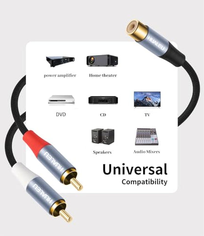 1FT RCA Splitter 1 Female to 2 Male, 2 Pack - RCA Audio Video Cable Splitter Adapter,Aluminum Alloy housing/Braided Cable/Integrated Injection Molded Splitter - color: RCA 1F to 2M