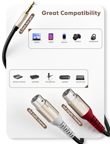 VIOY 3.5mm TRS to Dual XLR Female Cable, Unbalanced Microphone Cord, 6.6 FT | multi-layer shielding noise reduction, nylon braided mic Y splitter, splits stereo signal to L/R mono XLR channels - size: 6.6FT