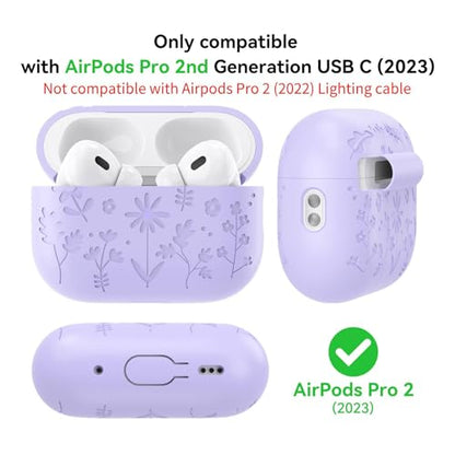 Compatible with AirPods Pro 2 Case USB C, Flower Engraved Cute Silicone Protective Case Cover for Airpods Pro 2nd Generation with Cleaner Kit and Lanyard for Women Girls (Purple) - color: Purple