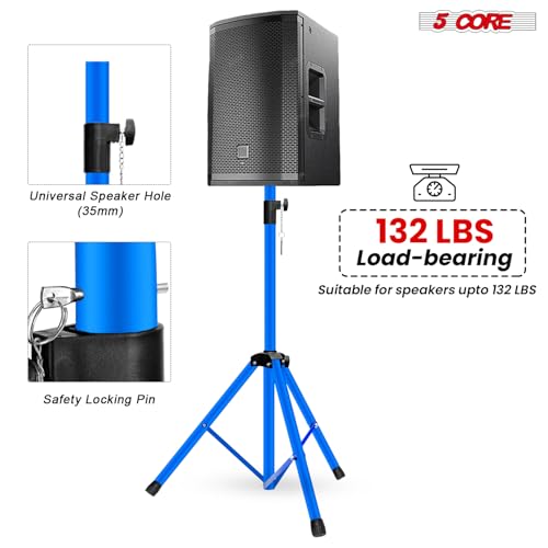 5 Core Speaker Stand Universal Mount Steel Alloy Construction 132 Lbs Capcity Stable Tripod w/Adjustable Height 36” w 35mm Compatible Insert Metal Safety Pin Blue