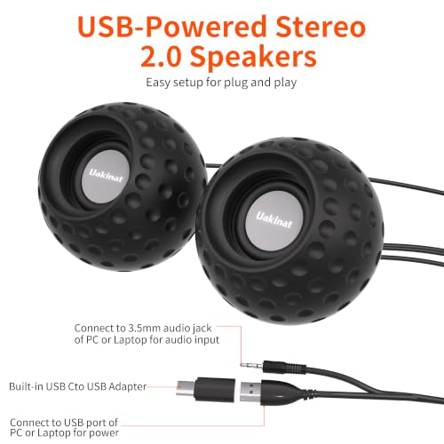 Uakinat 2.0 Computer Speaker, Black, USB Powered, 3.5mm Audio Input, Volume Control, Golf Style, Pair Pack, PC or Laptop