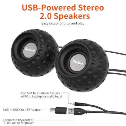 Uakinat 2.0 Computer Speaker, Black, USB Powered, 3.5mm Audio Input, Volume Control, Golf Style, Pair Pack, PC or Laptop