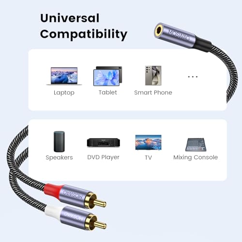 MOSWAG 3.5mm to RCA Cable,25CM 3.5mm Female to 2RCA Male Stereo Audio Cable Gold-Plated for TV,Smartphones,MP3,Tablets,Speakers,Home Theater - size: 1 Pack