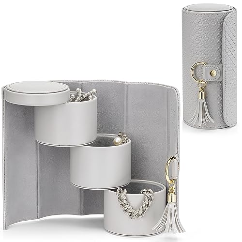 VLANDO Travel Jewelry Organizer, 3 Tier Roll Up Design, Hard Shell Storage | Stepped Sections Compartments Keep Jewelry Visible, Soft Lining Protect Pieces, Snap Closure, Travel Gift for Women Girl - color: C.Grey