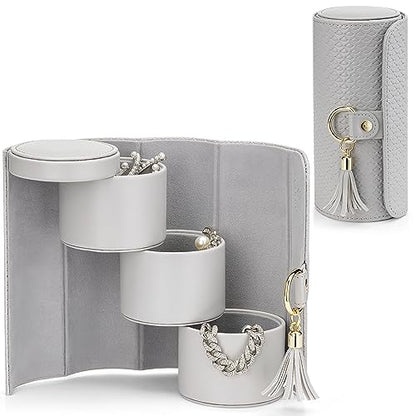 VLANDO Travel Jewelry Organizer, 3 Tier Roll Up Design, Hard Shell Storage | Stepped Sections Compartments Keep Jewelry Visible, Soft Lining Protect Pieces, Snap Closure, Travel Gift for Women Girl - color: C.Grey