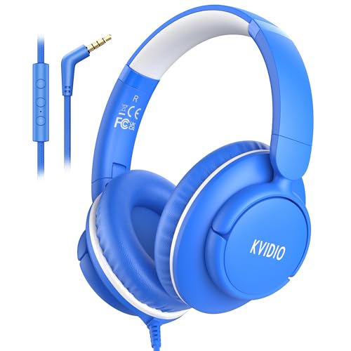 Wired Headphones with Microphone, Over Ear Lightweight Foldable 3.5mm Plug in Corded Headphones Wired with Volume Control, 4.9ft Tangle-Free Cord for Tablet Laptop MP3/4 School Travel Blue White | Wired Over Ear Foldable Corded Headphones for Teens Classr