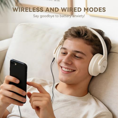 KVIDIO Bluetooth Headphones Wireless Over Ear Headsets 65H Playtime | Deep Bass, HiFi Stereo, Bluetooth 6.0, Microphone, Comfortable Fit, Foldable, Lightweight, Low Latency for Travel Home Office - color: Beige