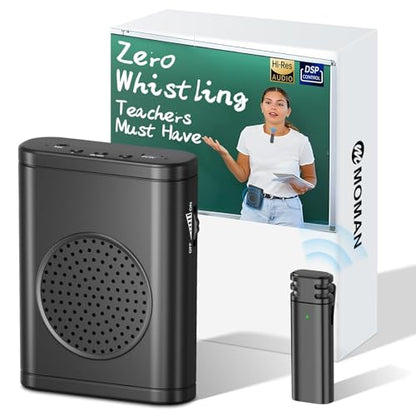 Moman Voice Amplifier with Wireless Lavalier Microphone, Zero Whistling Low Latency Portable Speaker, Personal PA System with Wireless Clip on Mic for Teachers Classroom Yoga Tour Guide Meeting Coach - color: Black