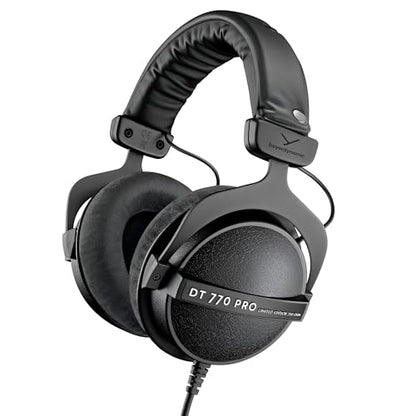 beyerdynamic DT 770 PRO, 250 Ohm, Closed Back, Over Ear, Wired Professional Studio Headphones, Audio Monitors, Audiophile, 3m Coiled Cable, Black with Limited Edition Black Velour Ear Pads | Closed Back, Over Ear, Wired Professional Audio Monitors, Audiop