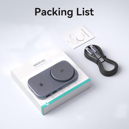 MOKiN USB C Hub with 15W Qi2 Wireless Charger, Laptop Docking Station to 4K HDMI, 100W PD, 10Gbps Ports, 15W+5W Wireless Charging Stand for iPhone 16/15/14/13 & Airpods, USBC Dock for MacBook/Windows