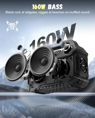 Outdoor Bluetooth Speaker, 160W Loud Bass! Rugged, IP67 Waterproof, 24H Playtime with Lights, Wireless TWS Pairing Portable Speakers for Party, Outsides, Travel, Beach, Garage (Black) | Rugged portable speaker with deep bass, LED lights, TWS pairing for p