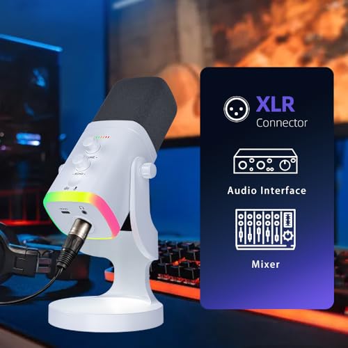 YU8-white Dynamic Microphone - USB/XLR RGB Mic with Echo Adjustment, Mute Key & Monitoring Jack, Desktop Microphone for PC Gaming, Streaming & Chat - color: YU8 desktop