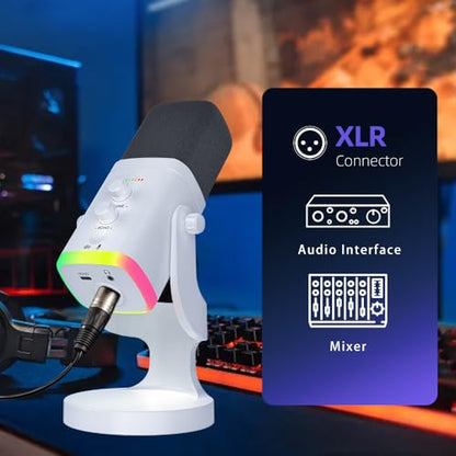 YU8-white Dynamic Microphone - USB/XLR RGB Mic with Echo Adjustment, Mute Key & Monitoring Jack, Desktop Microphone for PC Gaming, Streaming & Chat - color: YU8 desktop