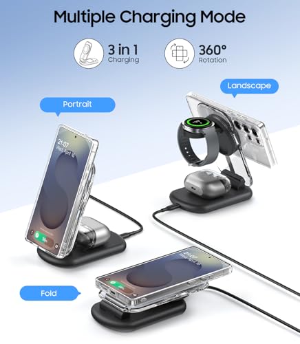 Meifigno 3 in 1 Magnetic Wireless Charging Station for Samsung, Foldable MagSafe Charger Stand with Switchable Night Light for Galaxy S26/S25/Z Fold 7, Watch Charger for Galaxy Watch Ultra 8, for Buds