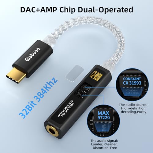 USB C to 3.5mm Audio Adapter with CX31993+MAX97220 DAC Amplifier | DAC Dongle Headphone Amplifier 8-Strand 4N Silver Plated Cable for iPhone 15/16/17/Android/Samsung/Mac/PC,HiFi 32Bit/384kHz - color: Black