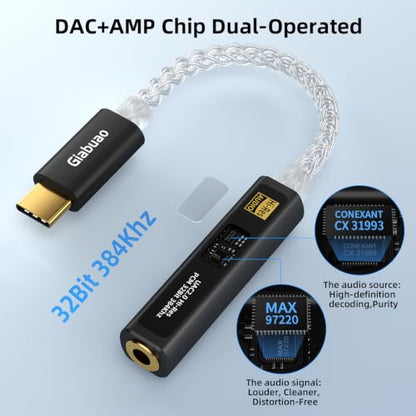 USB C to 3.5mm Audio Adapter with CX31993+MAX97220 DAC Amplifier | DAC Dongle Headphone Amplifier 8-Strand 4N Silver Plated Cable for iPhone 15/16/17/Android/Samsung/Mac/PC,HiFi 32Bit/384kHz - color: Black