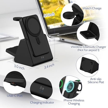 Smtcsl 3-in-1 Wireless Charging Station: Portable 10000mAh Power Bank Charger Compatible for Phone Air/17/16/15/14/13/12 Series and Watch - Detachable Magnetic Charging Stand Black