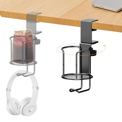 2-in-1 Clip-On Cup Holder & Headphone Hook - 360° Rotatable Anti-Spill Desk Organizer, Perfect for Gaming Tables, Office Desks, Lawn Chairs & Home Use (1 Pack)