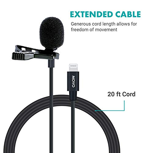 Movo iLav-L Digital Lavalier Omnidirectional Clip on Microphone with MFi Certified Lightning Connector Compatible with iPhone, iPad, iPod, iOS Smartphones and Tablets (20-Foot Cord)