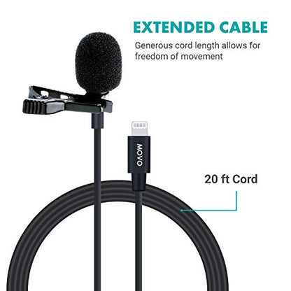 Movo iLav-L Digital Lavalier Omnidirectional Clip on Microphone with MFi Certified Lightning Connector Compatible with iPhone, iPad, iPod, iOS Smartphones and Tablets (20-Foot Cord)