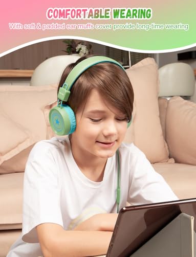 New Bee 2 Pack Kids Headphones with Microphone, 85dB/94dB Safe Volume Limited Childrens Headset, Foldable Wired Toddler Headphones Over Ear for School Travel Mac/Android/Kindle/Tablet/Pad- Green Pink - color: Green Pink-2 Pack, size: wired