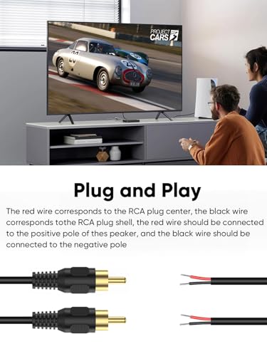 CableCreation RCA to Speaker Wire Adapter 3.3FT, 2 Bare Wire Cables to RCA | Easy to Repair, RCA Plug Repair Cord for Speaker Amplifier, Audio Video AV Receiver, TV, Subwoofer (2Pack 20AWG) - size: 3.3FT