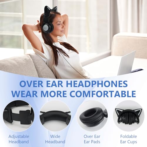 Cat Ear Bluetooth Headphones for Kids,Over Ear Headphones with Microphone | LED Foldable Wired & Wireless Gaming Headset,Cute Headphones for Kids for School,Compatible with Phone/PC/Tablet/TV,Black - color: Black