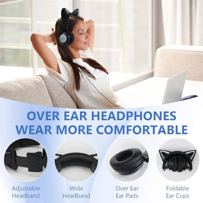 Cat Ear Bluetooth Headphones for Kids,Over Ear Headphones with Microphone | LED Foldable Wired & Wireless Gaming Headset,Cute Headphones for Kids for School,Compatible with Phone/PC/Tablet/TV,Black - color: Black