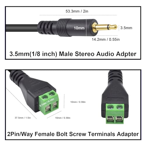 Poyiccot 3.5mm Screw Terminal Connector, 2Pack 3.5mm (1/8") TS Mono Male to 2 Pin Screw Terminal Female Headphone Balun Solderless Converter Adapter Cable (30cm) - size: 3.5mm ts mono cable 30cm