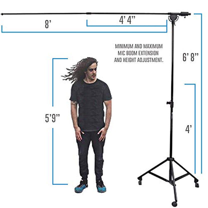 AxcessAbles Heavy Duty Microphone Boom Stand with Weighted Tripod Base | 80-inch Height Overhead Mic Stand | 96 Inch Boom Arm Stand | Shotgun Video Mic Stand | All Metal, No Plastic Parts - size: Tripod with Wheels
