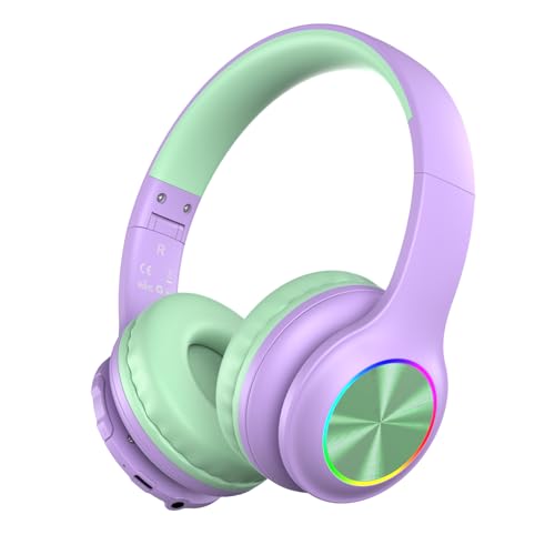 Candy Bila Kids Bluetooth 6.0 Headphones, LED Light, 85Hours Playtime - color: Green and Purple