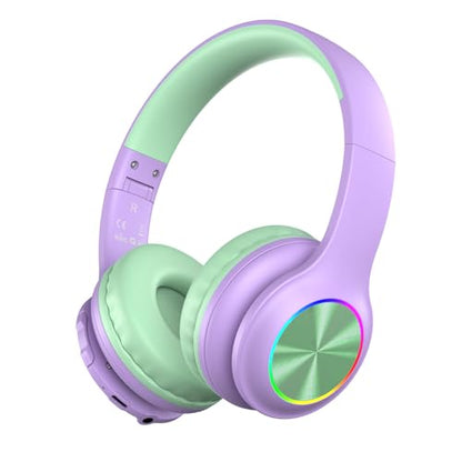 Candy Bila Kids Bluetooth 6.0 Headphones, LED Light, 85Hours Playtime - color: Green and Purple