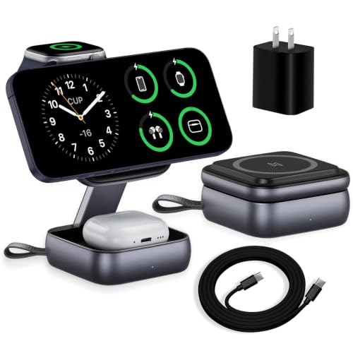Wireless Charging Station for Apple Devices,Magnetic Travel Charger | Folding 3-in-1 Charger Stand Compatible with MagSafe for iPhone 17 16 15 14 13 12 Series,Airpods&Apple Watch,No Adapter