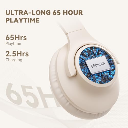 KVIDIO Bluetooth Headphones Wireless Over Ear Headsets 65H Playtime | Deep Bass, HiFi Stereo, Bluetooth 6.0, Microphone, Comfortable Fit, Foldable, Lightweight, Low Latency for Travel Home Office - color: Beige