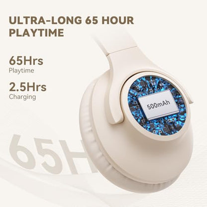 KVIDIO Bluetooth Headphones Wireless Over Ear Headsets 65H Playtime | Deep Bass, HiFi Stereo, Bluetooth 6.0, Microphone, Comfortable Fit, Foldable, Lightweight, Low Latency for Travel Home Office - color: Beige