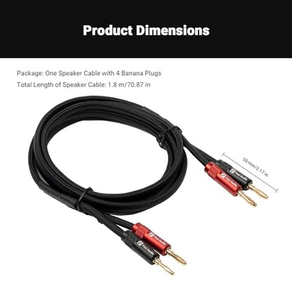 Fosi Audio 14AWG Braided Speaker Wire 5.9Ft, 1 Pack Pair Cable with 4 Gold Plated Banana Plugs, Black Cables for Home Audio Stereo Amplifier/Receiver/Bookshelf/Passive Speaker (1.8m/70.87in)