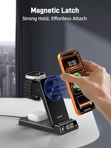 3 in 1 Charging Station for Apple,Travel Wireless Charger with Clock | ELECDOV Magnetic Charger for iPhone, Foldable Watch Charger Stand for iPhone 17/Air/16/15 Series, iWatch 10/AirPods 4 (Black) - color: Black