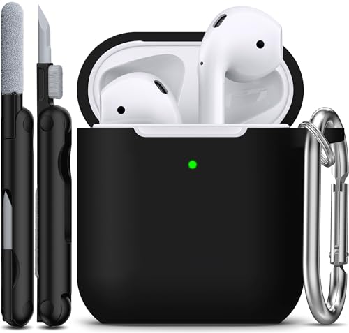 for AirPods 2nd/1st Case Silicone Cover, Black | Compatible with Apple AirPods 2nd/1st (2019/2016) Generation with Keychain & Cleaner Kit, Wireless Charging Compatible - color: Black