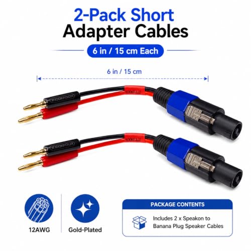 Speakon to Banana Plug Speaker Cables 2 Pack - 12AWG Gold Plated Professional Speaker Wire 6 Inch