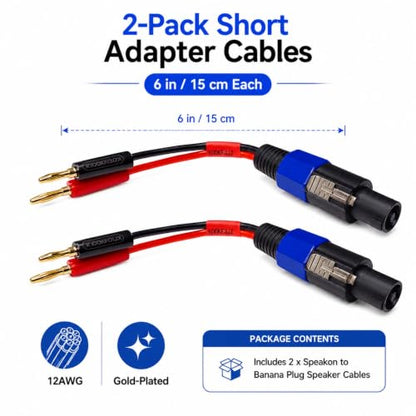 Speakon to Banana Plug Speaker Cables 2 Pack - 12AWG Gold Plated Professional Speaker Wire 6 Inch