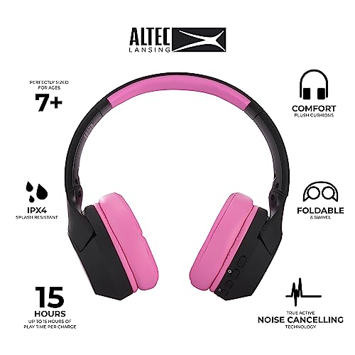 Altec Lansing Kid Safe Noise Cancelling Wireless Headphones 15H Battery, 85dB Volume Limit, Foldable Design Powerful Sound, Active Noise Cancellation Perfect for Kids Ages 7+ (Blackout Pop Pink) - color: Blackout Pop Pink