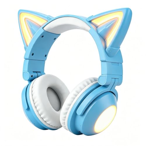 Cat Ear Headphones with Microphone,Gaming Headset,LED Lights | Bluetooth Over Ear Headphones,Dual Mode Wireless & Wired Headphones,Compatible with Phone/PC/Tablet/TV,Foldable,Blue - color: Blue