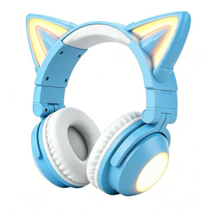 Cat Ear Headphones with Microphone,Gaming Headset,LED Lights | Bluetooth Over Ear Headphones,Dual Mode Wireless & Wired Headphones,Compatible with Phone/PC/Tablet/TV,Foldable,Blue - color: Blue