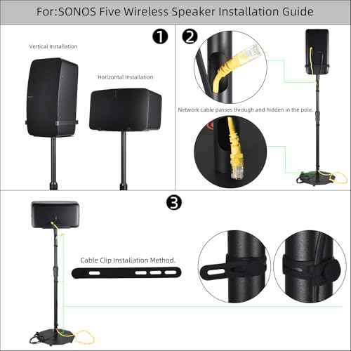 Dual Orientation Floor Stand for Sonos Five | Vertical or Horizontal Speaker Mount | Height Adjustable (25.6” - 40.2”) | Heavy Duty 6mm Steel, 44lb Load Capacity
