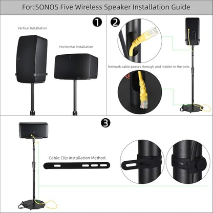 Dual Orientation Floor Stand for Sonos Five | Vertical or Horizontal Speaker Mount | Height Adjustable (25.6” - 40.2”) | Heavy Duty 6mm Steel, 44lb Load Capacity