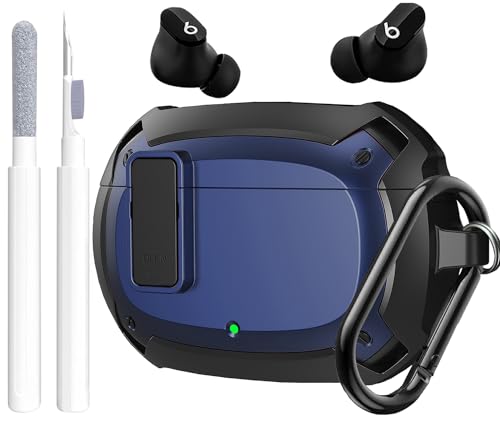 Compatible Beats Studio Buds 2021/Buds+ Case 2023, [Secure Lock] Cool Beats Studio Buds Plus Protective Cover with Keychain&Cleaner kit for New Beats Studio Ear Buds Case - Black/Blue - color: Black/Blue+Pen