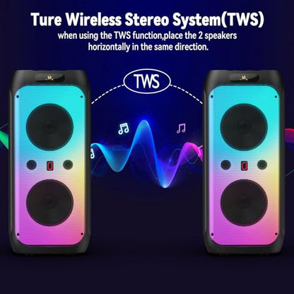 600W Peak Extra-Large Party Speaker with 2 Wireless Microphones, Big Bluetooth PA Speaker with Deep Bass, Dual 10" Woofers, 3.5" Tweeters & LED for Backyard Parties, BBQs, Camping & Outdoor - color: CHARCOAL BLACK