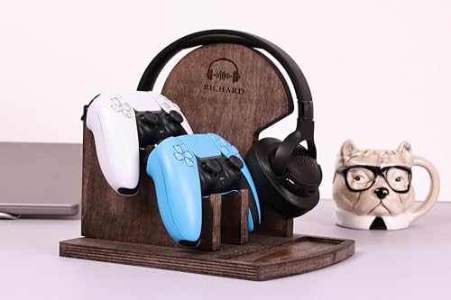 Personalized Wood Gaming Headset and Controller Stand for Desk - Headphone Controller Stand Wood Gift for Gamer - Custom Wooden Gaming Headset Stand (Walnut - PLAIN)